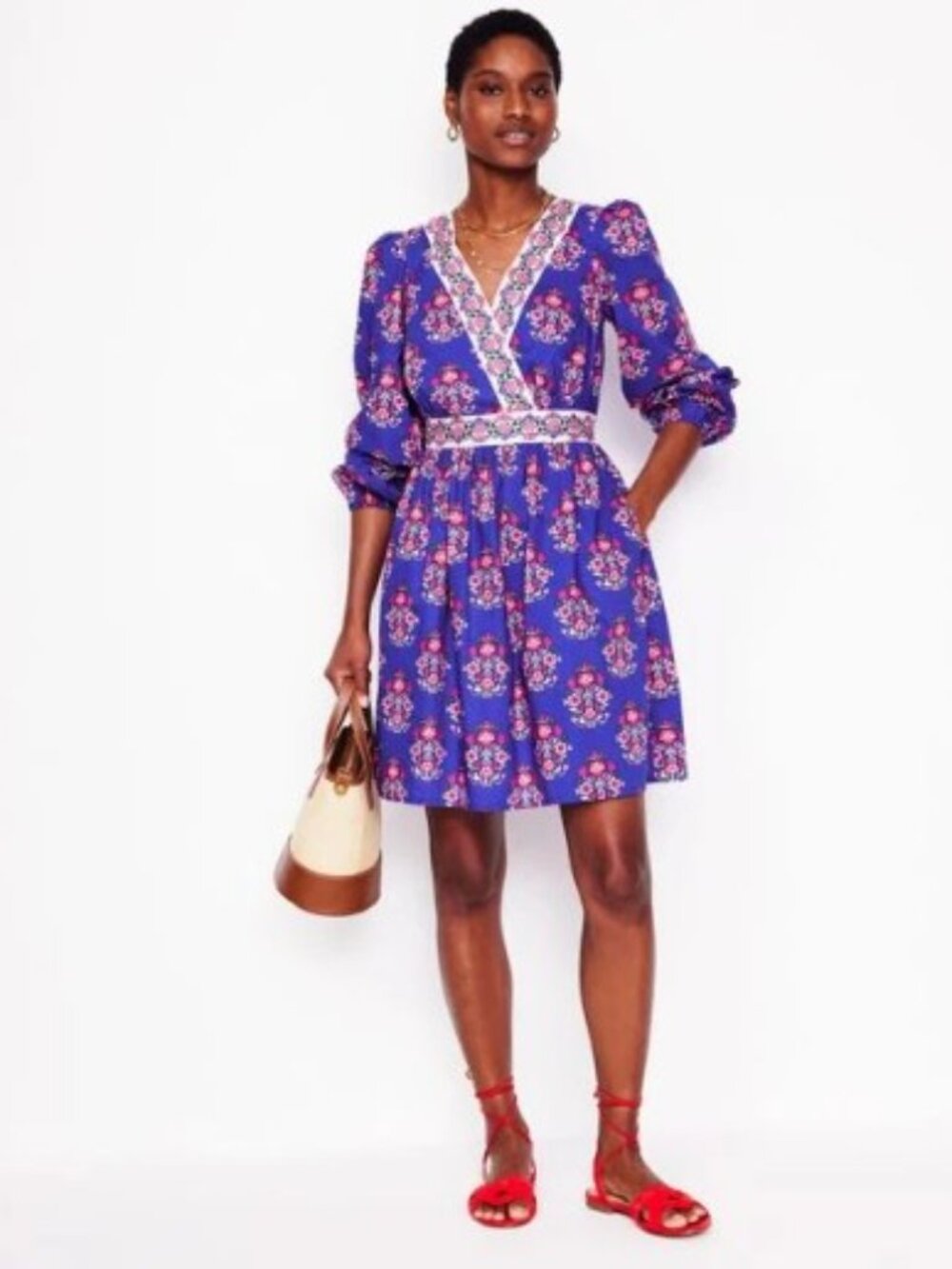 NWT Boden Mya Cotton Short Dress Bright Blue Wildflower Stamp Size 16-18
